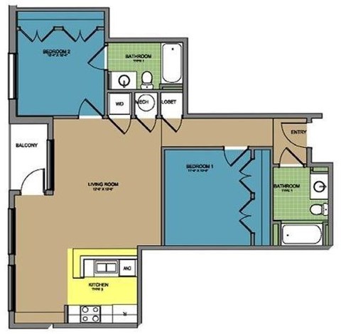 Floor plan for 2 beds, 2 baths, 964 sqft